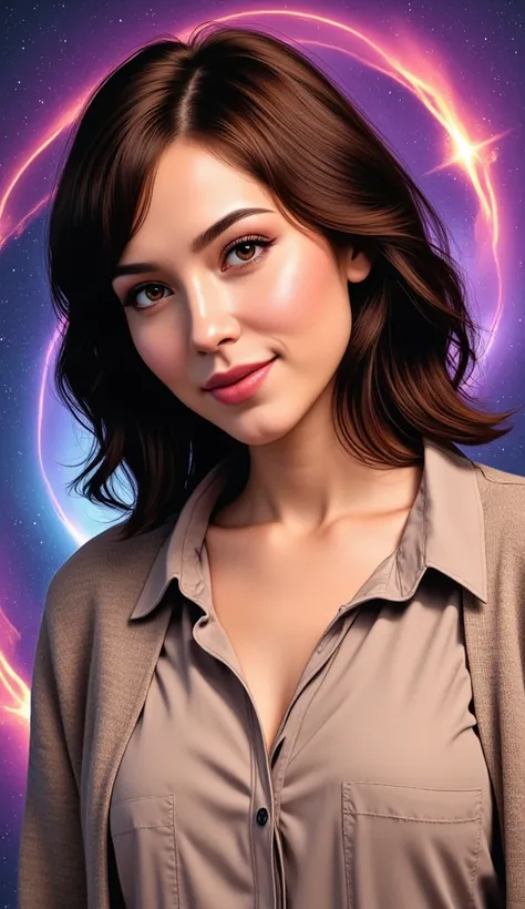 "An adult American woman in a comic book style, with realistic and elegant features. She is dressed in discreet, casual attire, such as a neutral-colored blouse and simple cardigan, appropriate for an understated yet refined look. Her hair is naturally sty...