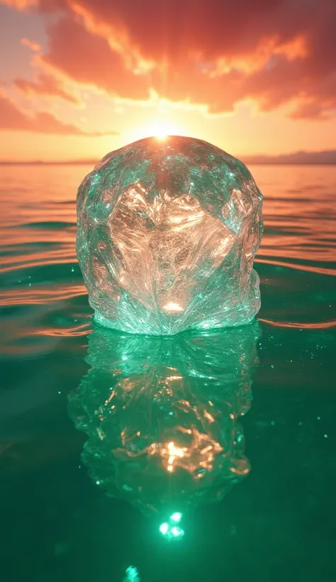  a transparent crystal island floating in the emerald green sea dyed in the sunset。The sky is fiery orange and pink 、 with sparkling grains of light swaying between the waves 。