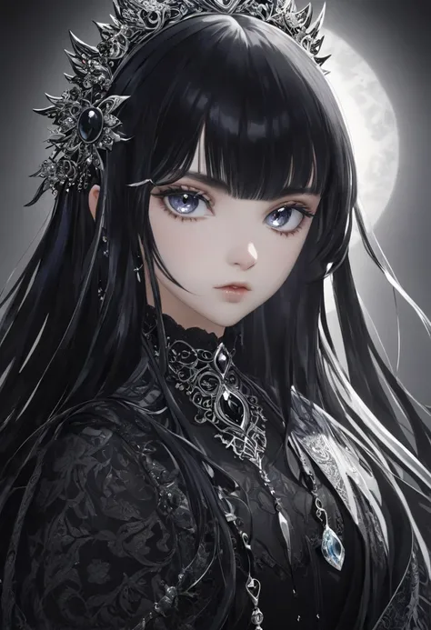 1 girl, black hair, white eyes, long hair, solo, illustration, light skin, edgy, gothic, silver jewelry, hair ornament, 4k, high resolution, looking at viewer, dark colors