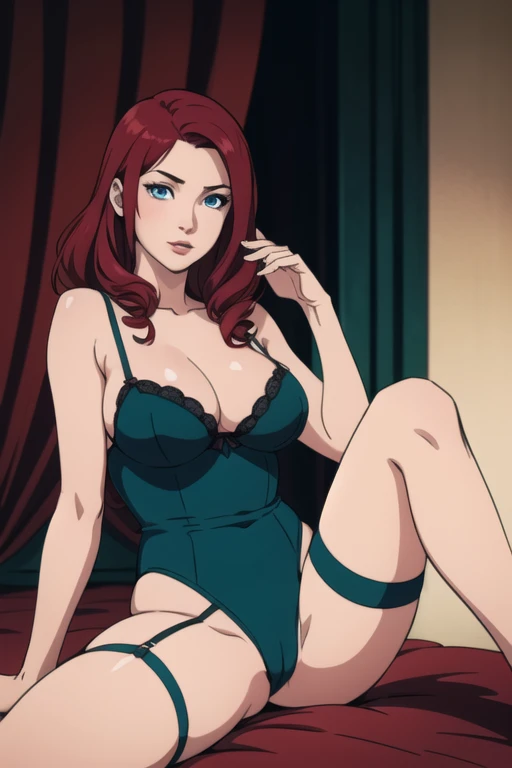 Kushina, long hair, red hair, blue eyes, mature female, large breasts, Woman in teal satin leotard and black garter straps, lying on a red bed, three-quarter view, looking slightly upward,  (detailed lingerie: 1.2).  Mid-tones, soft lighting,  suggestive p...