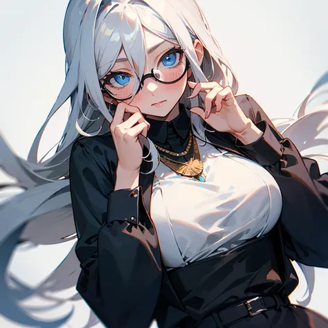 Girl Albina with blue eyes good body somewhat annoying with glasses and long sleeve black blouse and necklace long hair and blush