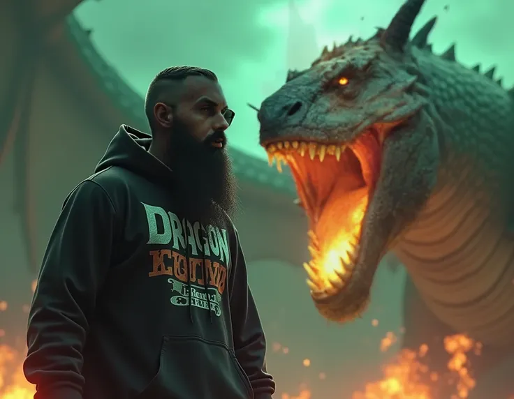 Stunning cinematic image of a 30 cent man wearing a black "Dragon King" print hoodie, black sunglasses, and a long black beard. The dark fantasy-inspired illustration features a 3D rendering of the character against a background, looming a magnificent and ...