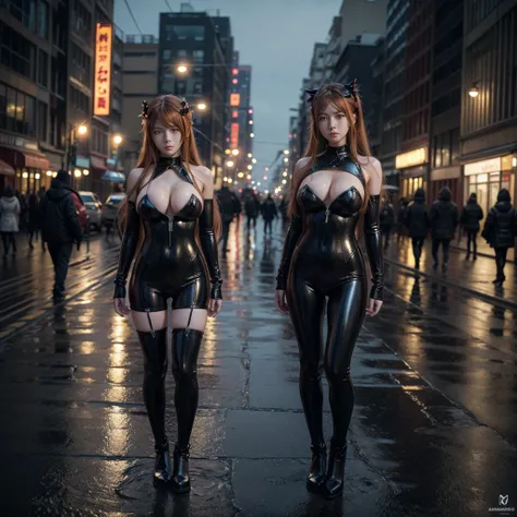  photorealista, 1 girl, Alone,  watching the spectator,  full body, standing,  long hair,  Asuka cosplay costume with the biggest breasts) ( avsugning) How,  Cumming ultra HD , hands HD ,  fake body succubus , HD Background, cosplay, plug suit, mono,  hair...