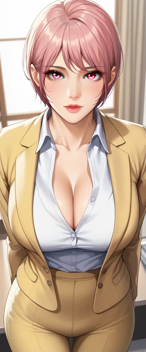 (masterpiece, best_quality:1.2), 1girl, solo, mature female, pink hair, short hair, (office work:1.5, white button shirt, yellow blazer, yellow pants), beautiful eyes, female focus, looking at viewer, large breast, cleavage, wide hips, ((above view)) ((clo...