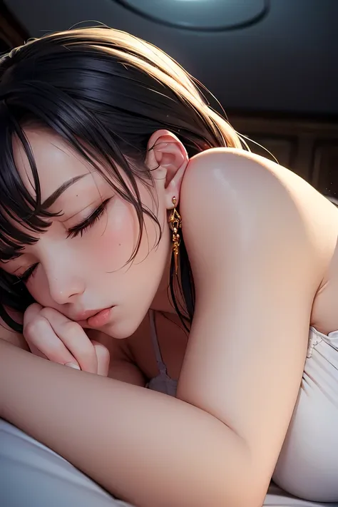 Masterpiece, High Resolution, UHD, High Quality, High Details, cinematic lighting, innocent girl, sexy dress, fingerless, long white hair, sleeping face down to the camera showing her beautiful ass, earrings, necklake, bracelet, intricate background