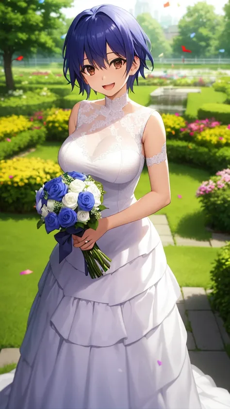 masterpiece, best quality, high quality, girl, solo, looking at viewer, itsuka_shidou, Blues hair, Brown Eyes, large breasts, wedding Dress, standing, garden, confetti, holding bouquet, smile, open mouth,