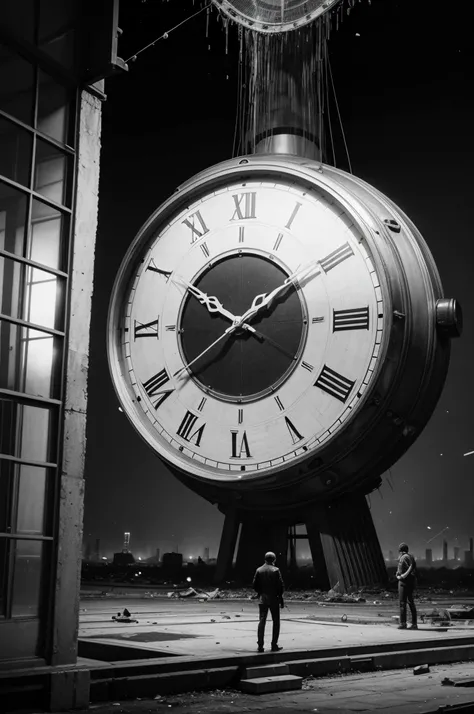 
scene where there is a giant clock being smashed, black and white around it, with a yellowish color, an archetype of time.