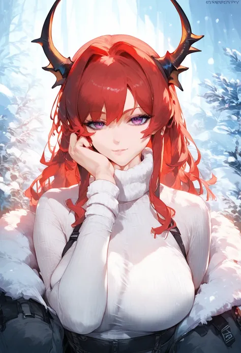 ((Full HD quality)) anime, 1 woman,  red-haired female character ,  horns on her head similar to Surtr from Arknights,  Violet eyes , a sexy body,  Big Tits,  beautiful face, ( beautiful lighting),  winter clothing , pose sexy,  distracted expression  