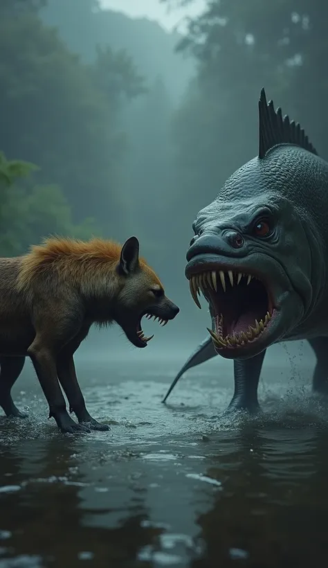 "In a murky riverside setting under a dim, overcast sky, a snarling hyena stands at the waters edge, baring its sharp teeth. In the shallow water, a massive piranha lurks just beneath the surface, its menacing jaws visible above the ripples. The two creatu...