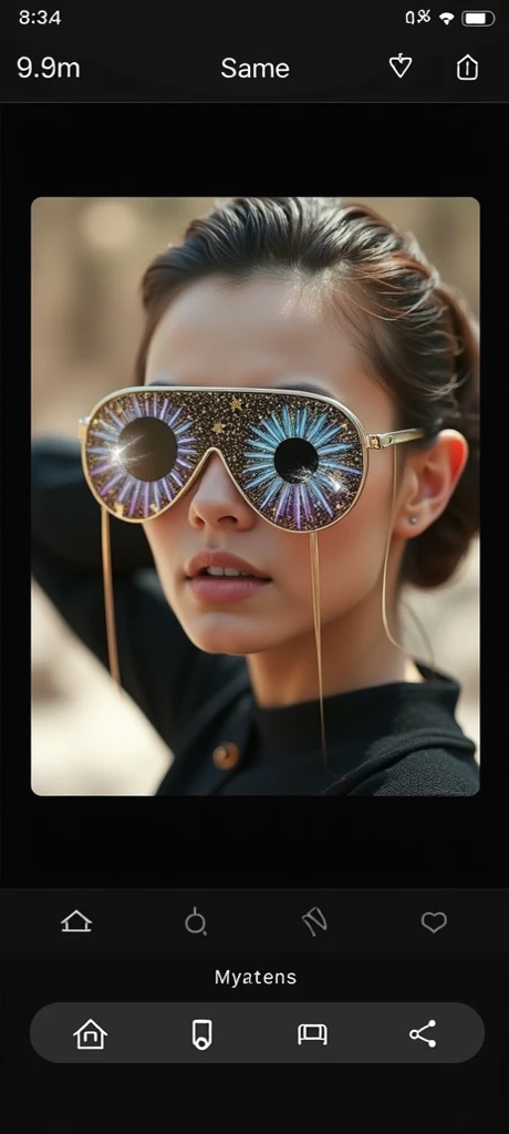 The model is wearing sunglasses with stars and the moon on the glass.