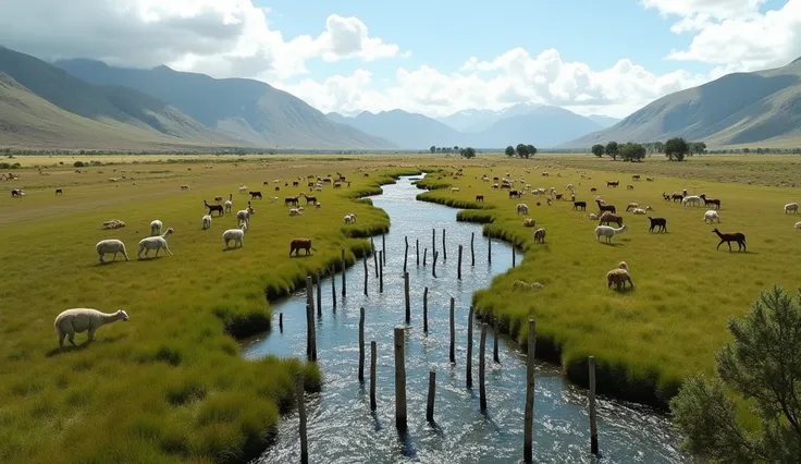  complete landscape of a huge Andean field with Grass , a river in the middle , alpacas , vicuñas, Llamas and guanacos eating grass, and many Andean trees  ,  river water flows quickly , View from a height of 10,000 meters, There are thick sticks together ...