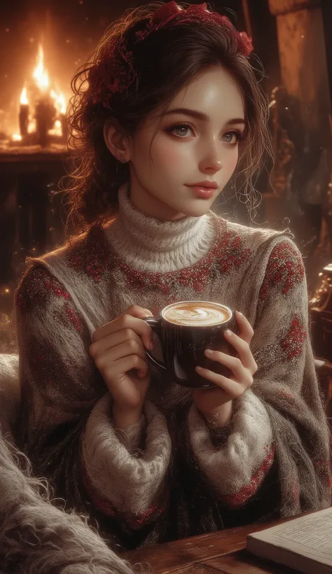 A beautiful woman with beautiful eyes:1.2, detailed eyes, beautiful full lips, highly detailed eyes and faces, long eyelashes, cute expression, smile, sitting:1.4, holding a cup of hot latte, homely background, Christmas sweater, fireplace, warm light, det...