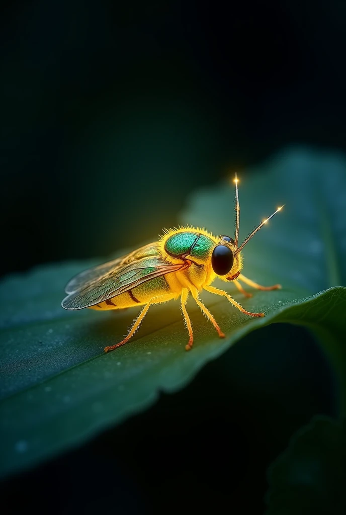 একটি জোনাকি পোকা (firefly) একটি অন্ধকার রাতে একটি পাতার ওপর বসে জ্বলজ্বল করছে, যার শরীরে সোনালি এবং সবুজাভ নকশা রয়েছে। ক্লোইজনিজম এবং ম্যাক্রো ফটোগ্রাফির শৈলীতে একটি উজ্জ্বল চিত্র।"