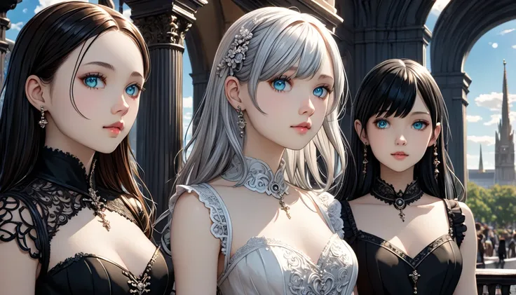 Three teenage girl characters. There are three girls. The first girl has short hairstyle, golden hair, sparkling blue eyes. The second girl has short black hair, sparkling green eyes. The third girl has silver hair, sparkling red eyes, long hair, pale skin...