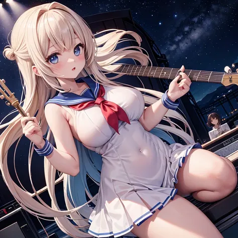  Big Breasts, revealing sailor suit  ,  place where everyone has instruments is a live concert house where you can see the universe,A lot of customers,Picture seen from afar,Setting diagram, Overlooking,  high definition , masterpiece,  anatomically correc...