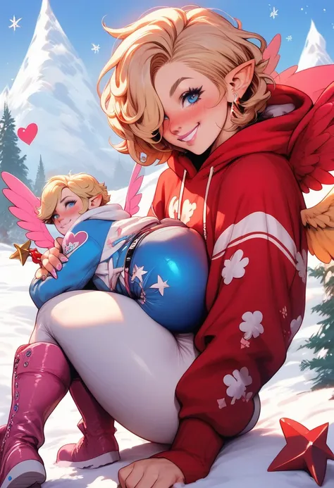 femboy, pretty boy, blonde, blond haired boy, gamer boy, skii lodge background, snowy mountain background, big hoodie, ski bodysuit, fuzzy pink boots, thick body, curvy body boy, smiling, blue eyes, short Blonde Hair, Bangs, Hair Over One Eye, Pointy Ears,...