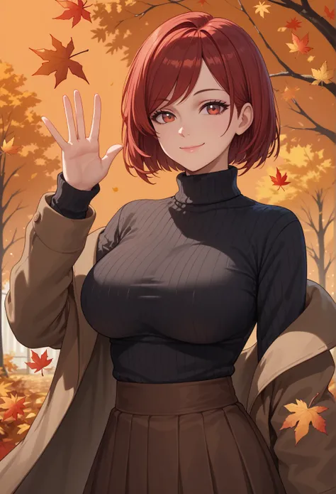 score_9, score_8_up, score_7_up,  1girl, autumn, autumn leaves, black sweater, bob cut, breasts, brown coat, brown skirt, closed mouth, coat, large breasts, leaf, leaf background, long sleeves, looking at viewer, medium hair, off shoulder, orange backgroun...