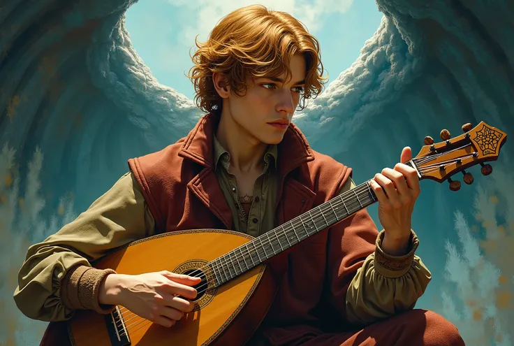  create the best image you can of Kvothe main character in the name of the wind make him handsome, He is playing the laud . It is supported by El Cthaeh