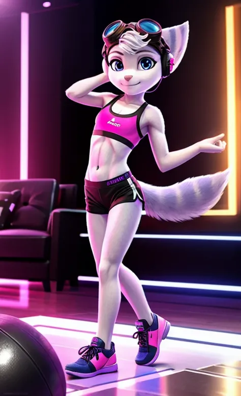 Rivet, tail, furry girl, 1girl, solo, young, pink sport shorts, pink sport bra, black soccer shoes, inside livingroom, dancing, listening to music wearing headphones, detailed body fur, detailed body, detailed eyes, detailed face, athletic, skinny, high qu...