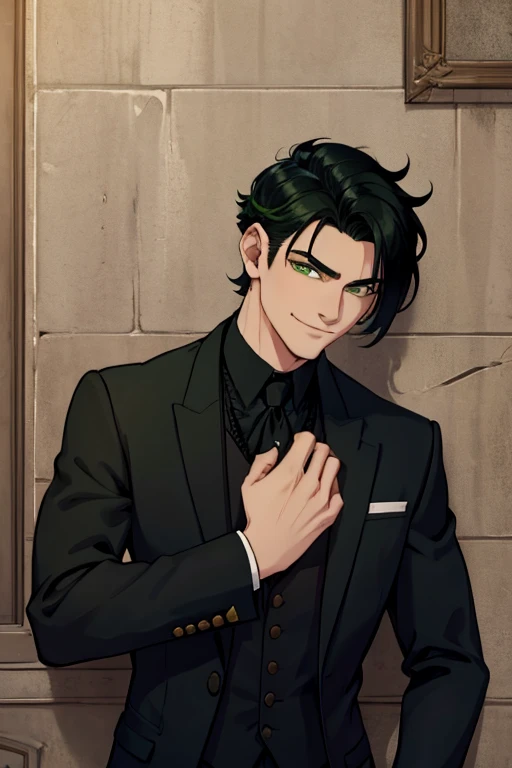 Perfect face. Perfect hands. A black haired man with green eyes and short hair in a Gothic suit is smiling while leaning against a wall in a Gothic ballroom