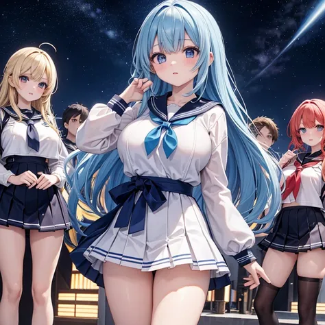  Five-member idol group,Various hairstyles and hair colors,Big Breasts, revealing sailor suit  ,  miniskirt, The location is a live house where you can see the universe,A lot of customers,Picture seen from afar,Setting diagram, Overlooking,  high definitio...