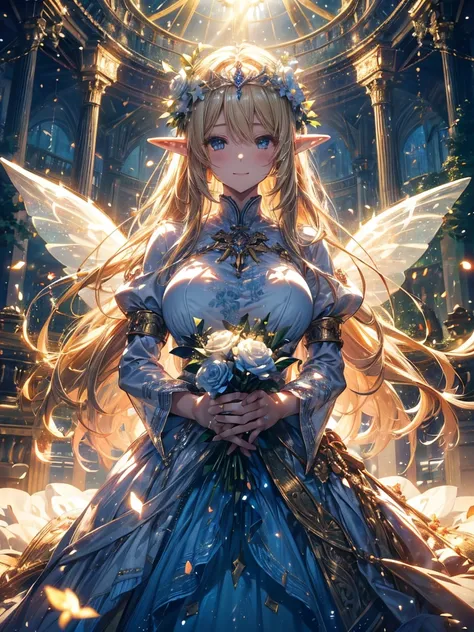 最 High Quality 、1 Elf Female 、beautiful Hair、Blonde、White Rose、bouquet、White Roseのbouquet、、beautiful foam、、 courtyard shining fairy wings 、and.G: Worst quality ,Flower fractal art　　、透けるボディストッキンG,beautiful side shot, Sparkle,High-definition depiction,  real...