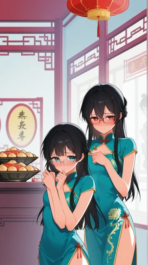  black hair,  long hair, glasses,   beautiful eyes of God  , beautiful, shy, Chinese dress,  Chinese restaurant ,