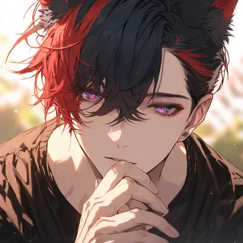 solo,  high definition ,  very detailed,  Ultra High Definition, bangs,  gradient color hairstyle,  red hair,  black hair, Hair in the eyes,  Wolf Cut,  fuzzy expression ,  close your mouth,  Blurred Background,  gentle colors, Adult male, handsome