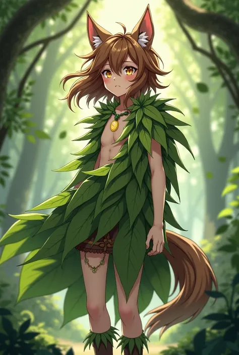 A man of approximately 20 years of age,  with ears and wolf stockings ,  with brown short hair and a half Moon mark on her forehead, She wears clothes made of leaves and vines, make he with anime stily