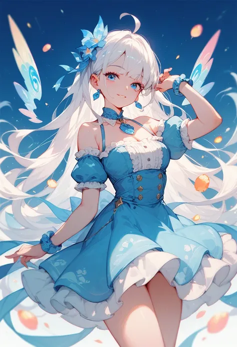   a hot anime girl with long white hair, blue eyes, wearing a pastel blue dress....