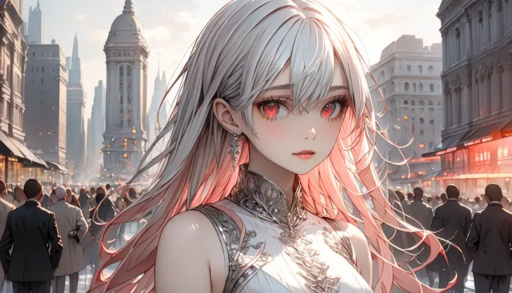 Teenage girl character. The girl has long silver hair and sparkling red eyes. Pale skin, beautifully detailed eyes, white one-piece dress, (Highly detailed elegant), detailed skin, big city crowd scene background, adding dramatic and iconic elements to the...