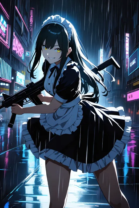 1 girl, (cute face), 18 years old, (smirk), long hair, (wearing a maid outfit:1.2), medium breasts, slim, holding a machine gun, BREAK  
futuristic cityscape, neon lights, rainy night, (action pose:1.3), intense expression, BREAK  
(dramatic lighting, high...