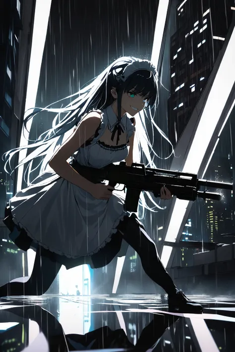 1 girl, (cute face), 18 years old, (smirk), long hair, (wearing a maid outfit:1.2), medium breasts, slim, holding a machine gun, BREAK  
futuristic cityscape, neon lights, rainy night, (action pose:1.3), intense expression, BREAK  
(dramatic lighting, high...