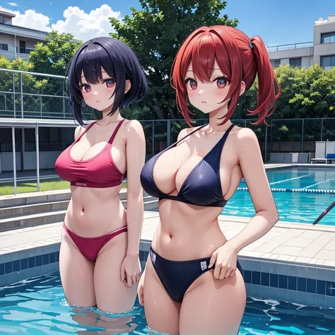 Everyone in the swimming club ,colorんな顔と髪型と髪color,Big Breasts, color々 kind of school swimsuits, The location is the schoolyard of a school where you can see the universe,Pool,A lot of customers,Picture seen from afar,Setting diagram, Overlooking,  high def...