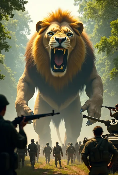  An anthropomorphic and brilliant giant lion emerges from the trees,  roaring ferociously ,  while the soldiers stop the tank , Looking frightened ,  and Max the soldier is watching from the tank .