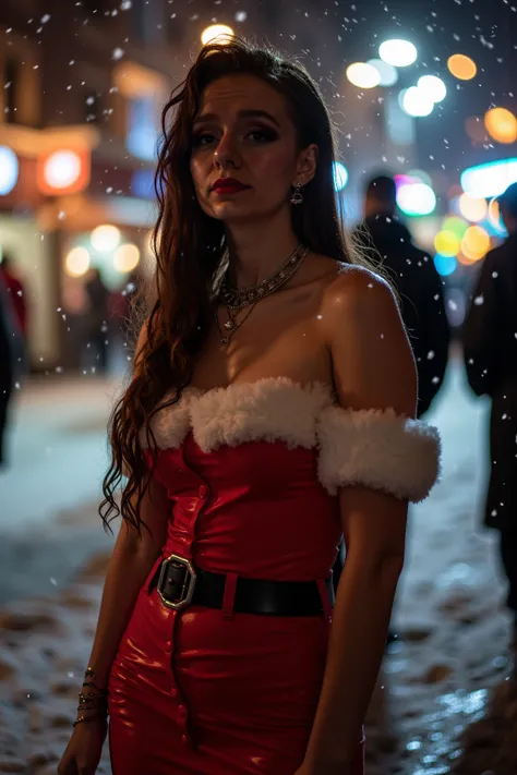 “A close-up of Molly, long hair, Thin body, Slender waist, (abs:0.8), in public in a German city ((at night in the pouring snow)) dressed as Santa Claus stands in the snow (smoky dark eyes and lipstick ) with a thoughtful expression, wearing a red mini-dre...