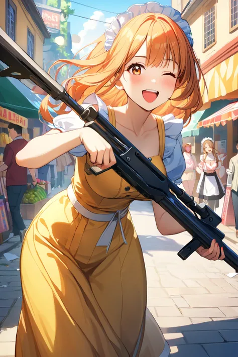 1 girl, (playful expression), , medium-length hair, (winking:1.2), dressed in a stylish maid outfit, large breasts, slim, (brandishing a machine gun:1.3), BREAK  
vibrant street scene, bustling market, colorful stalls, (confident stance:1.2), lively backgr...