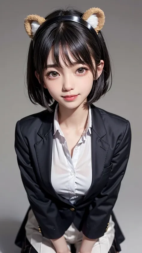  College Student , in a blazer in a school uniform . Enako. bear ears headband。Random Nudes, (Exhibitionism),  random exposure of genitals.  smaller breasts. Thin Hair。 on plain grey background。  black hair. Round face.  super short hair。  cute smile. Idol...