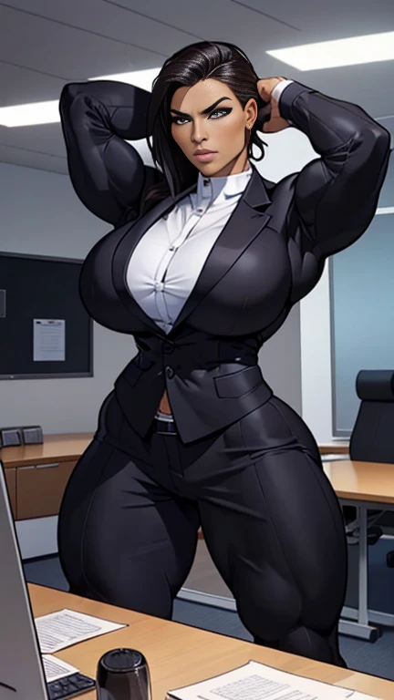 woman possessing highly muscular physique stands prominently in modern, corporate office. Her attire is sleek, form-fitting business suit that accentuates her powerfully curvaceous figure. With a determined expression on her face, she flexes her mighty mus...