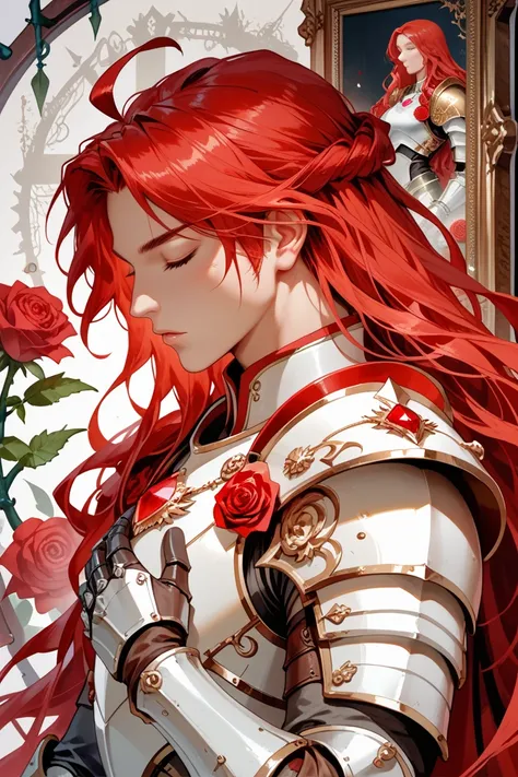 1boy, ahoge, armor, breastplate, closed eyes, closed mouth, curtained hair, faulds, floral background, flower, from side, gauntlets, gem, hand on own chest, knight, long hair, male focus, parted bangs, parted lips, pauldrons, picture frame, profile, red fl...