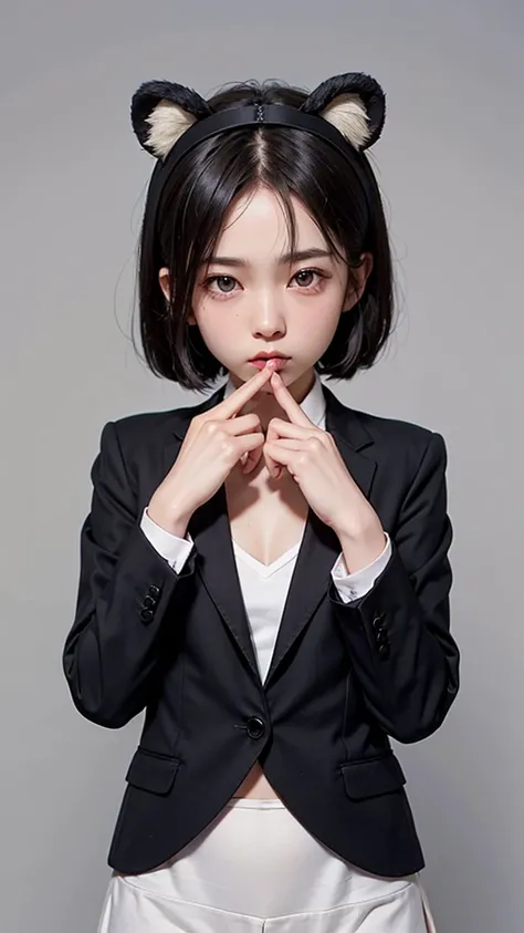  College Student , in a blazer in a school uniform . Enako. bear ears headband。Random Nudes, (Exhibitionism),  random exposure of genitals.  smaller breasts. Thin Hair。 on plain grey background。  black hair. Round face.  super short hair。  cute, No Emotion...