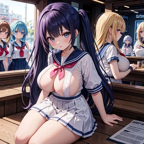   5-person girl band, Crouched Pose ,Various hairstyles and hair colors,Big Breasts, revealing sailor suit  ,  miniskirt, The location is a live house where you can see the universe,A lot of customers,Picture seen from afar,Setting diagram, Overlooking,  h...