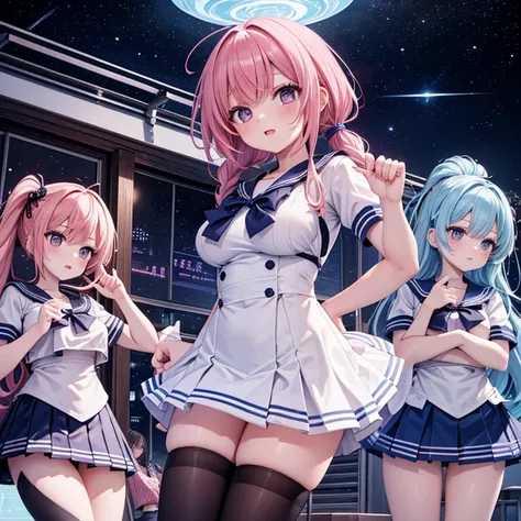   5-person girl band,JUMPING POSE ,Various hairstyles and hair colors,Big Breasts, revealing sailor suit  ,  miniskirt, The location is a live house where you can see the universe,A lot of customers,Picture seen from afar,Setting diagram, Overlooking,  hig...