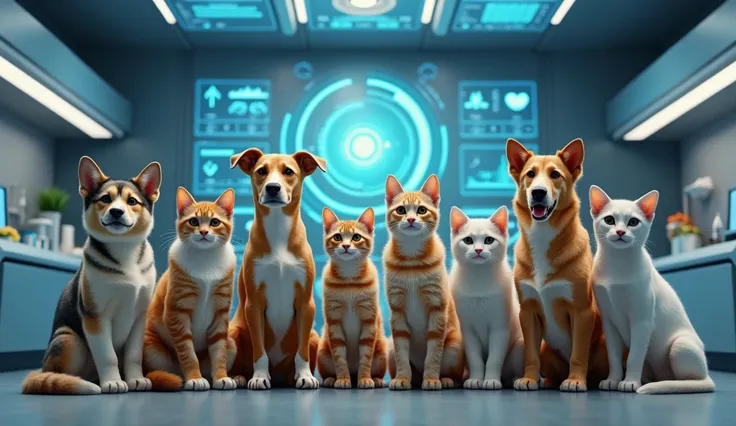 A group of cats and dogs sitting together in a futuristic lab setting, glowing digital health data displays in the background, modern technology elements, high-quality lighting, no other animals, realistic and detailed