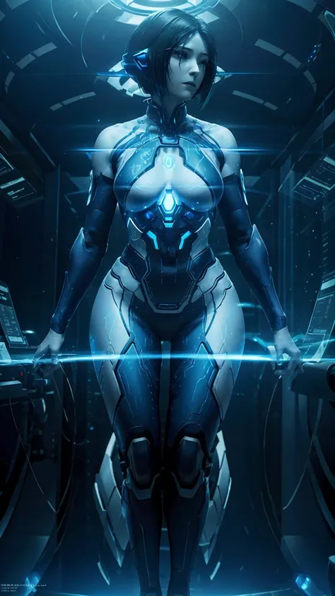 Highly detailed, cinematic, realistic, sci-fi. A stunning and ethereal depiction of Cortana from Halo, with her iconic translucent blue form and intricate glowing circuit patterns running across her body. She has a serene yet commanding presence, her lumin...