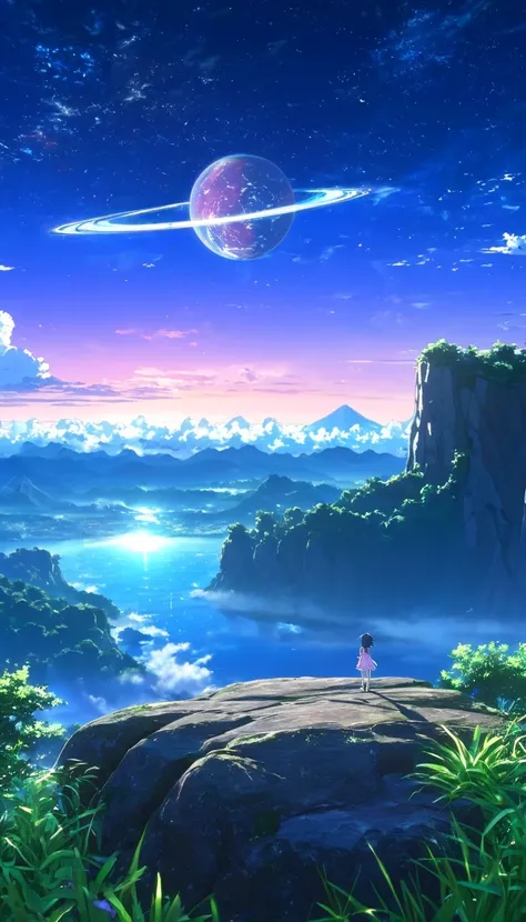  anime-style scene of a beautiful sky with a star and a planet   , cosmic skies.     With one sitting on a rock in daylight and it doesnt look like its big.    Nature of Makoto Shinkai   , anime art wallpaper 4k, 4K anime art wallpapers,   anime art wallpa...