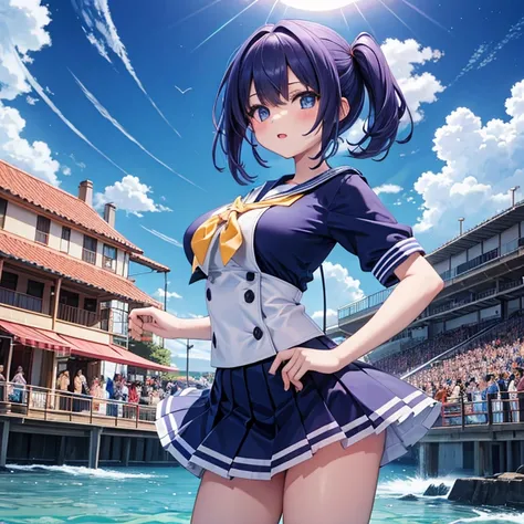   5-person girl band,Poses to jump into the sky,Various hairstyles and hair colors,Big Breasts, revealing sailor suit  ,  miniskirt, The location is a live house where you can see the universe,A lot of customers,Picture seen from afar,Setting diagram, Over...