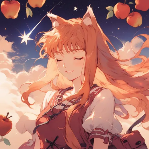 hotatenshi:0.5), kuroihato, cute style, red theme, (colored outline:1.5), apples, 1girl, portrait, night, night sky, field, cloudy sky, shooting star, standing, star (sky), starry sky, simple drawing
(holo, spice and wolf:1.2), wolf ears, orange hair, red ...