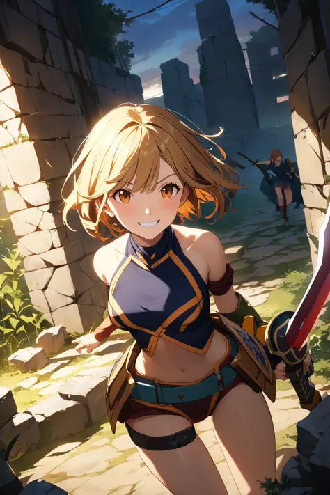 1 girl, (charming smile), 19 years old, short stylish hair, (playful wink), wearing an elegant battle outfit, small breasts, slim, (brandishing a sword:1.4), BREAK  
ancient ruins, crumbling stone walls, twilight sky, (ready for battle:1.3), adventurous sp...