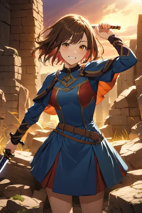 1 girl, (charming smile), 19 years old, short stylish hair, (playful wink), wearing an elegant battle outfit, small breasts, slim, (brandishing a sword:1.4), BREAK  
ancient ruins, crumbling stone walls, twilight sky, (ready for battle:1.3), adventurous sp...